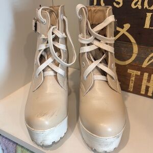 Cream Lace Up Ankle Boots with Metallic Toe Cap
